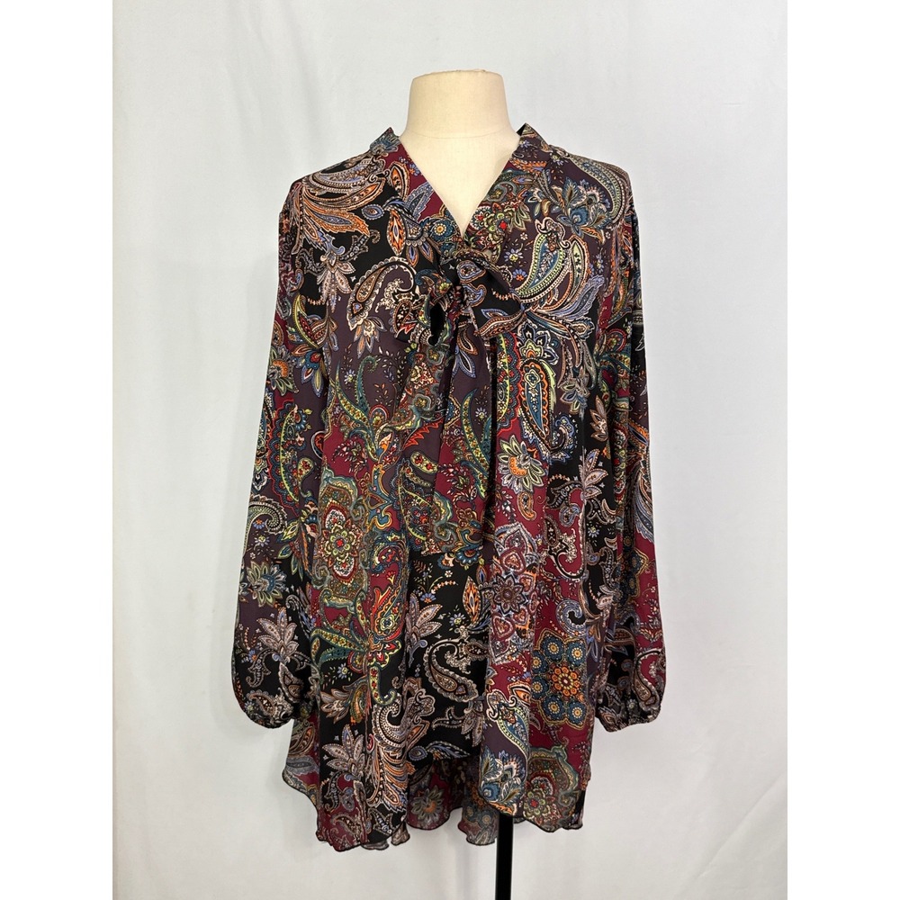 Cha Cha Vente Paisley Tie Blouse Plus 1X Burgundy High Low Top Shirtโ Eclectic
